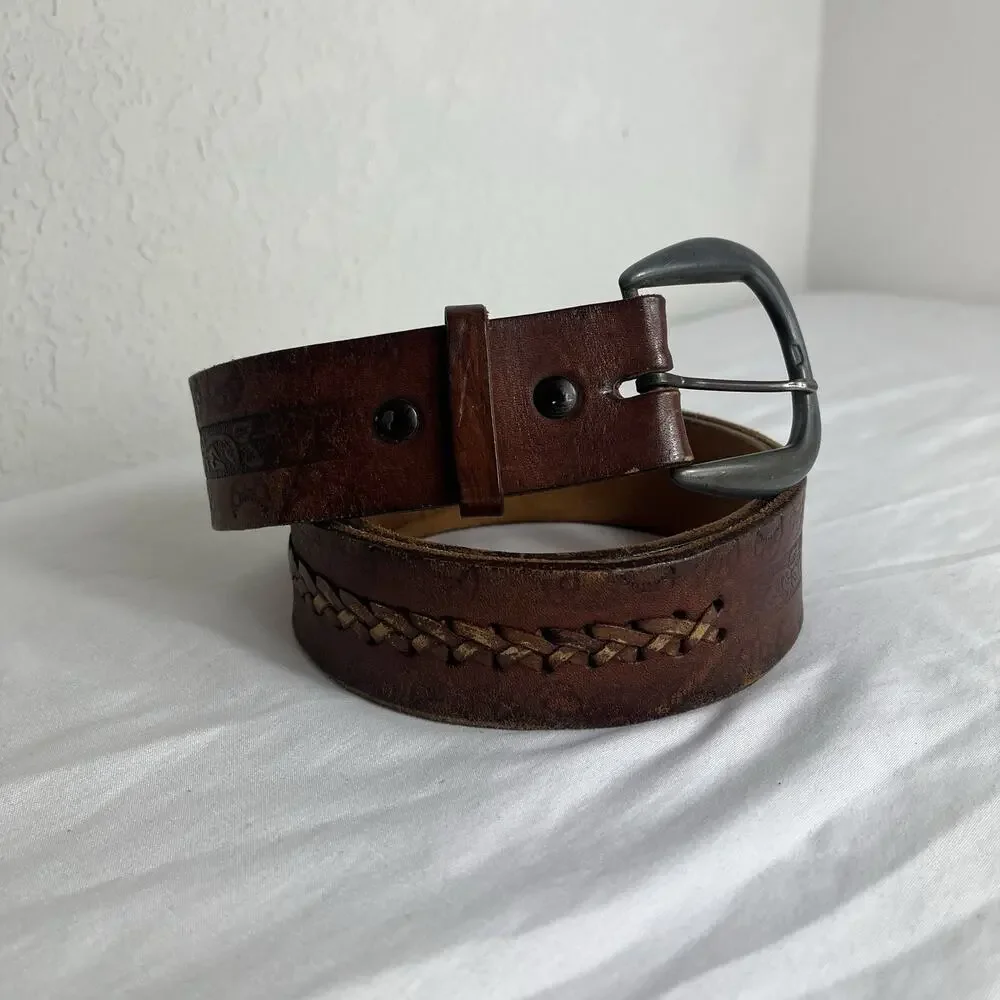 Unbranded Brown Leather Belt Mens Size 38, braided and floral tooled pattern